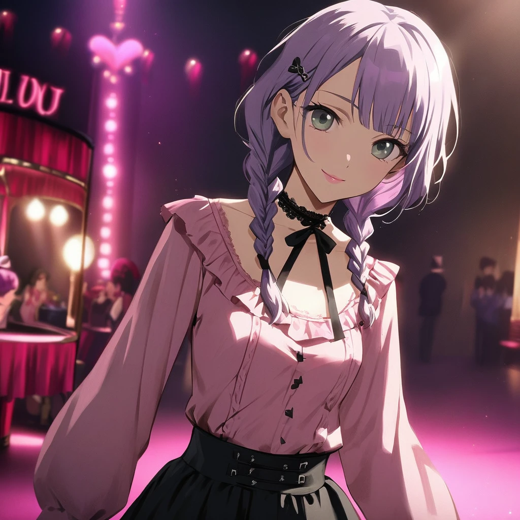 (Cute a girl:1.5), (a girl with closs hair pin,pale purple hair,wavy two braids,bluntbangs hair,green and black eyes,
pink shirt,cosplay, jirai kei, bangs, black skirt, black bow, looking at viewer, bow, long sleeves, choker, ribbon,pink lips,Thick-soled boots,full body shot :1.4),(masterpiece:1.3), anime visual, (Lovey-dovey:1.5), (tilt head:1.3), extremely delicate face, soft clean focus, realistic lighting and shading, (an extremely delicate and beautiful art:1.3), elegant, (muted colors:1.1), small breast,slim,The Moulin Rouge in Paris, mysterious pink light, a slightly dark room,look at viewer,smiling,morning lit,