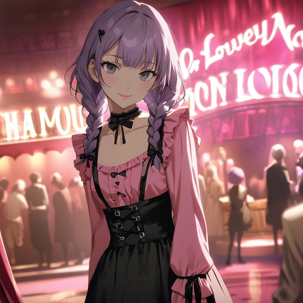 (Cute a girl:1.5), (a girl with closs hair pin,pale purple hair,wavy two braids,bluntbangs hair,green and black eyes,
pink shirt,cosplay, jirai kei, bangs, black skirt, black bow, looking at viewer, bow, long sleeves, choker, ribbon,pink lips,Thick-soled boots,full body shot :1.4),(masterpiece:1.3), anime visual, (Lovey-dovey:1.5), (tilt head:1.3), extremely delicate face, soft clean focus, realistic lighting and shading, (an extremely delicate and beautiful art:1.3), elegant, (muted colors:1.1), small breast,slim,The Moulin Rouge in Paris, mysterious pink light, a slightly dark room,look at viewer,smiling,morning lit,