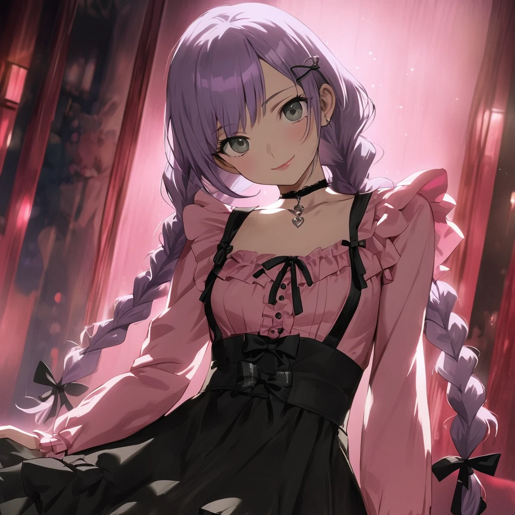 (Cute a girl:1.5), (a girl with closs hair pin,pale purple hair,wavy two braids,bluntbangs hair,green and black eyes,
pink shirt,cosplay, jirai kei, bangs, black skirt, black bow, looking at viewer, bow, long sleeves, choker, ribbon,pink lips,Thick-soled boots,full body shot :1.4),(masterpiece:1.3), anime visual, (Lovey-dovey:1.5), (tilt head:1.3), extremely delicate face, soft clean focus, realistic lighting and shading, (an extremely delicate and beautiful art:1.3), elegant, (muted colors:1.1), small breast,slim,The Moulin Rouge in Paris, mysterious pink light, a slightly dark room,look at viewer,smiling,morning lit,
