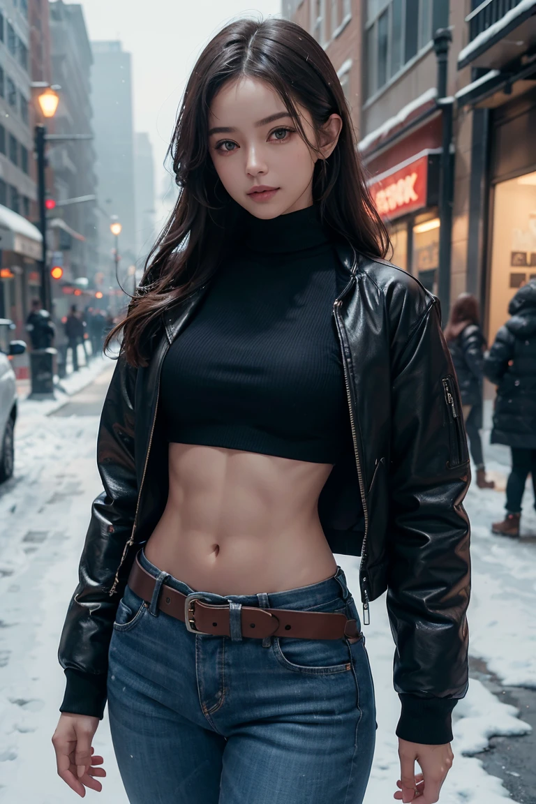 a girl,Long sleeve，Boss，Navel down jacket，(bare midriff, exposed navel), sexy abs, navel open，completely exposed abdomen, Low-rise pants，Exposing the entire abdomen，Expose the mermaid line，metal belt, winter，snow，street, cinematic lighting, ray tracing, Fujicolor, anaglyph, cowboy shot, high detail, Verism, UHD, masterpiece, anatomically correct, textured skin, super detail, high details, award winning, best quality, 4K，Looking at the camera，Smile