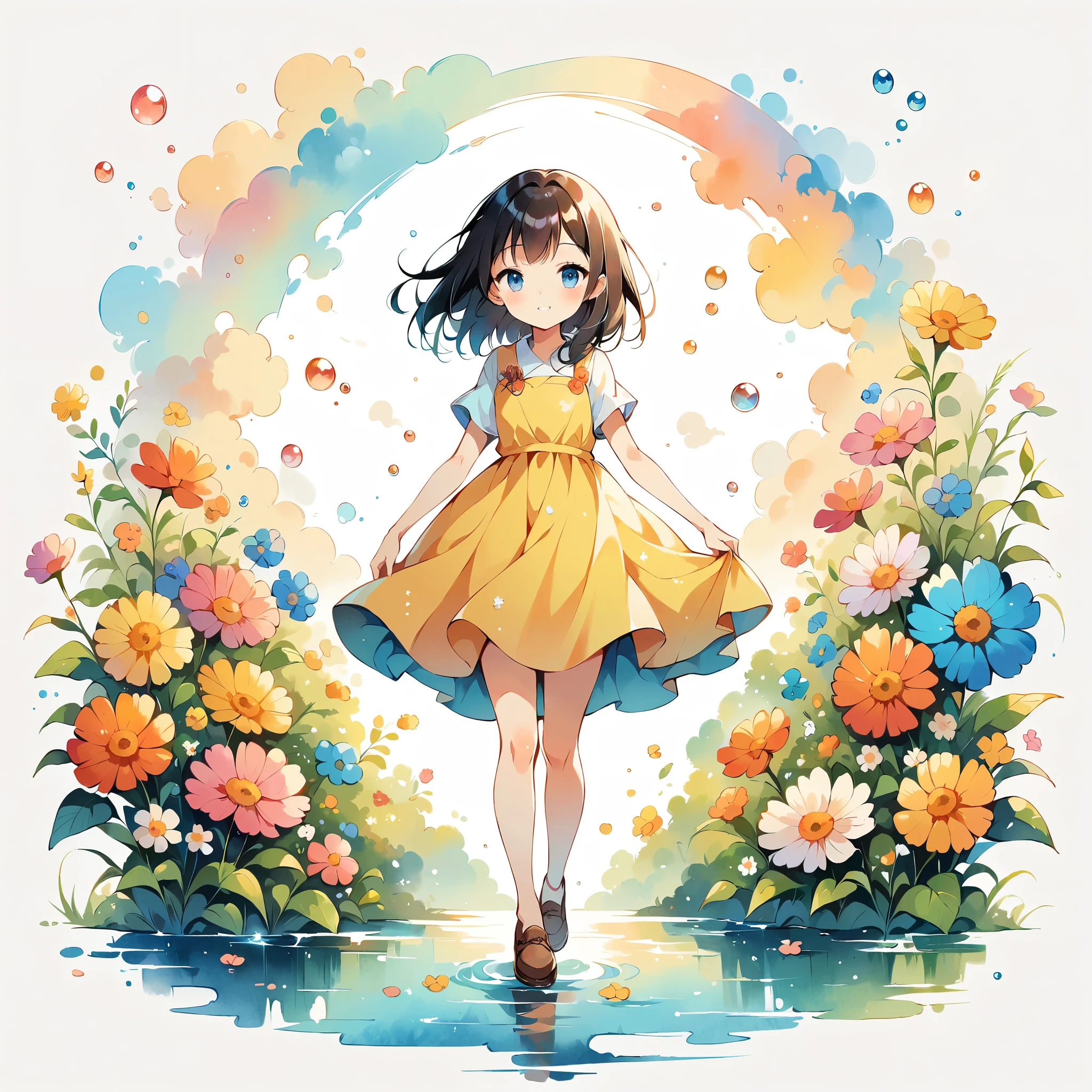 (Anime Style:1.2, masterpiece:1.2),(((1 girl))),((Little, Full body view))), Girl wearing flowers, Watercolor, Simple illustration, Flower storm, Colorful Water Bubbles, 