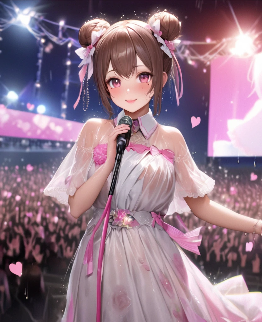 One Girl、Looking at the audience、lovely,
Beautiful pink eyes、Two brown double hair buns , Mole under the eye、Plump and glossy lips、Heart-shaped choca、Idol、Her name is May,smile、ー、。.。.。.。.。.。.。.。.。.。.。.。.。.。.。.。.。.。.3D、Realistic、
The idol's costume was soaked in the heavy rain, and her chest was wet and transparent.Heavy rain at outdoor concert, Drape clothes、gem、The decoration has been removed、Floral、Lace trim,On a glittering stage、
masterpiece、highest quality、8k、Detailed skin texture、Detailed cloth texture、Beautifully detailed face、Intricate details、Very detailed、
超A high resolution、8k Ultra HD、Film Grain、Best Shadow、delicate、Gazing at the audience、front