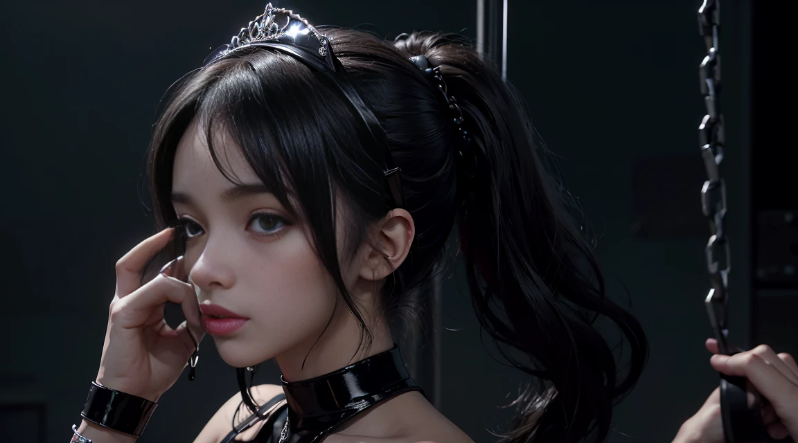 House music, techno, dance music, hip-hop, high-energy, uplifting, pads, workout, black hair: long, brown eyes, tattoo, black leather cloth, bikini, garter, hair accessories, gaze, high detail, best quality, masterpiece, Basement with various items placed in a messy manner, beautiful details glow, Music girl, headphones, House music, techno, dance music, hip-hop, high-energy, uplifting, pads, workout, girl struggling and standing tied up in the dungeon, (ropes), trapped, shackles,