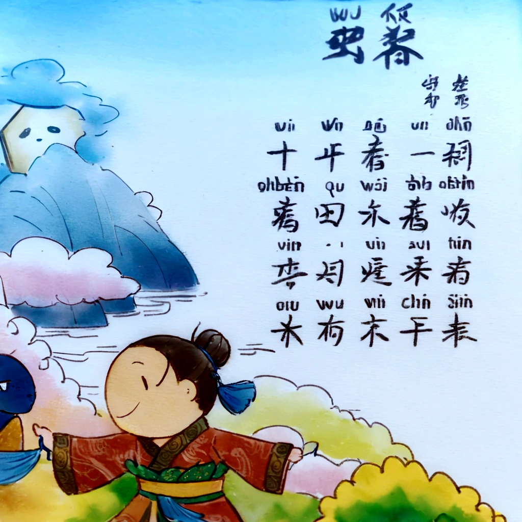 there is a picture of a children's book existith a picture of a boy and a girl, Chinese text, traditional Chinese, golden Chinese text, overlaid existith Chinese text, Inspired by Wu Bin, Ghost Festival, su fu, Inspired by Cui Bai, artexistork in the style of z.exist. arrive, Inspired by Qu Leilei