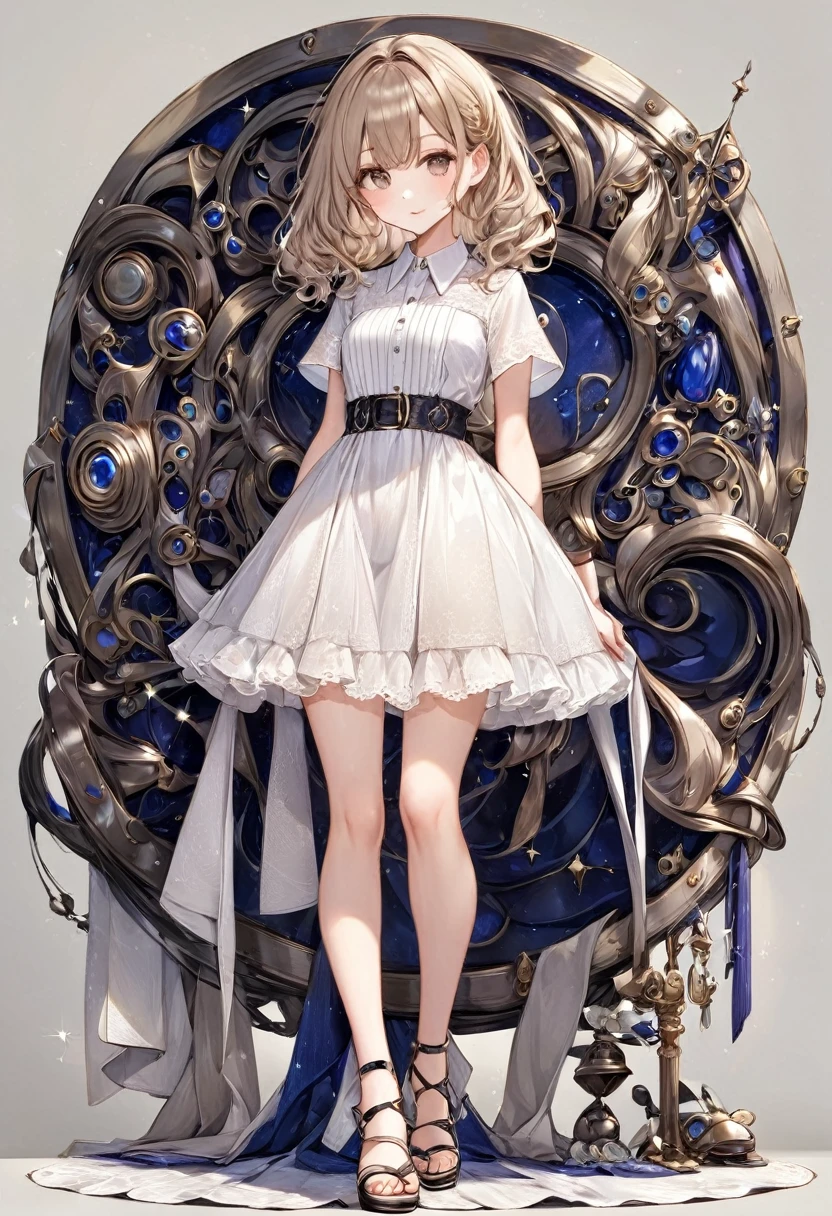 anime, illustration, very beautiful cute woman, black and gray maid clothes, glasses, blonde light brown disheveled long bob cut, glossy blue big eyes, best proportion, full body, background kaleidoscope, high resolution, best quality, ultra high definition, ultra realistic --auto --s2