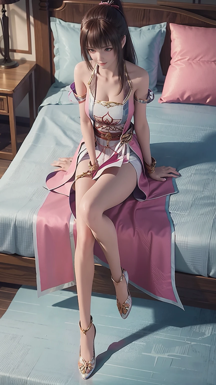 1girl, beautiful detailed girl, 16 year old girl, highly detailed, 4k, 8k, cinematic, full body, lying down, very long legs, extremely large breasts, full body capture, (((lying on a bed))), lying on a bed, pink large bed, bare shoulders, large breasts, shoulder-length skirt, lying on a bed