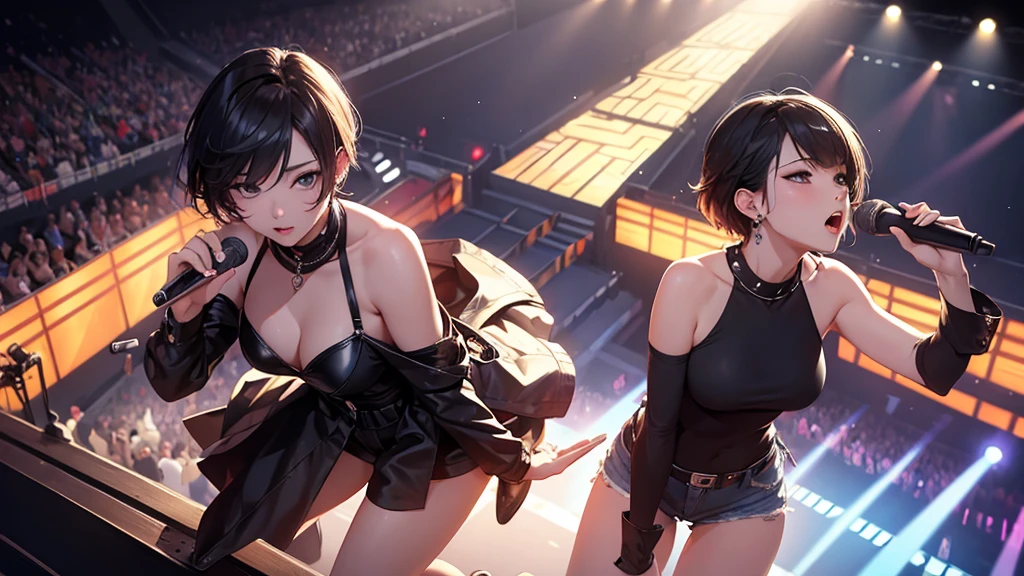 masterpiece, Highest quality, View Viewer, look up, From above, Kiss the viewer, night, Concert Venues, , Exposing shoulders, Open your mouth,Rapper,microphone,Low-rise string shorts,short hair,One person,sing,Singing passionately