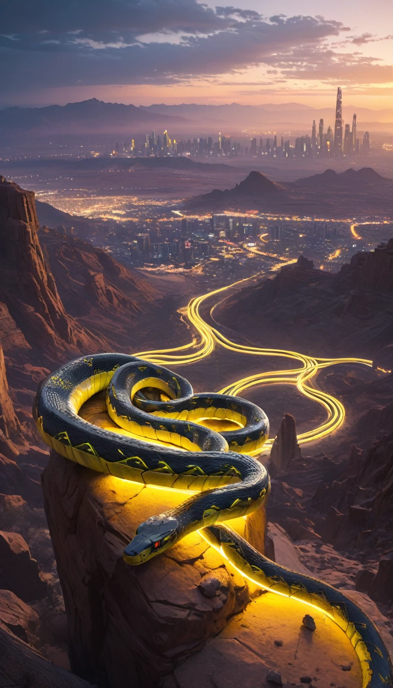 A giant cyber snake sits atop a desert canyon, Cyberpunk city seen in the distance, Yellow LED wire on the snake's body, food, Cyberpunk buildings, Cyberpunk City, night, Dim lighting, heavy rain, high quality, Silly details, masterpiece, Cyberpunk Style, Genuine