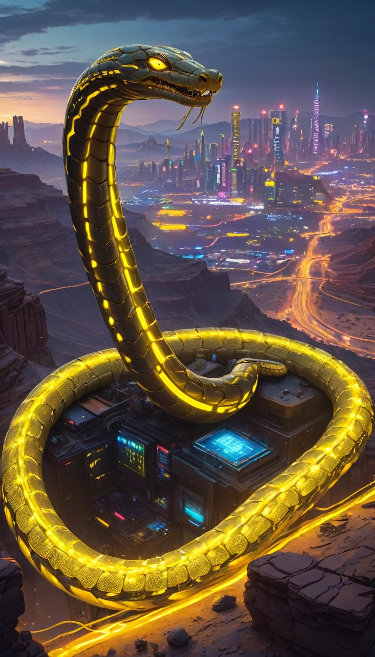 A giant cyber snake sits atop a desert canyon, Cyberpunk city seen in the distance, Yellow LED wire on the snake's body, food, Cyberpunk buildings, Cyberpunk City, night, Dim lighting, heavy rain, high quality, Silly details, masterpiece, Cyberpunk Style, Genuine