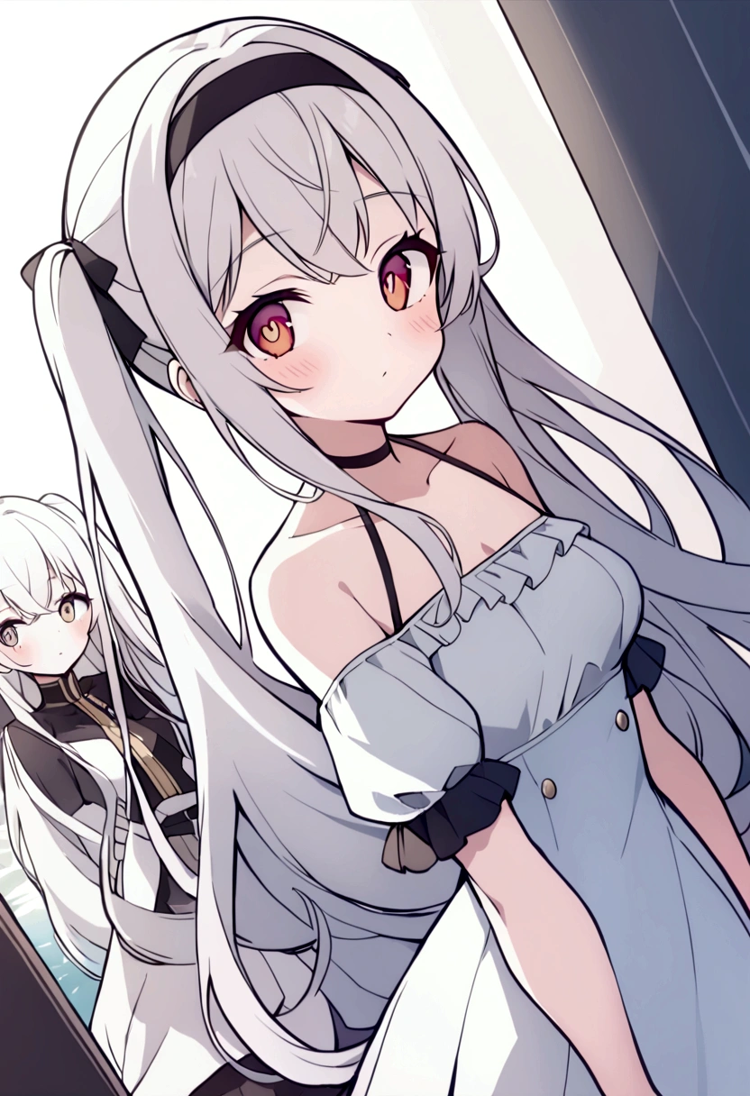 ((masterpiece, best quality))++, Detailed lighting+,  Detailed hair+, Detail hand+ ,1 girl, Miss, Long hair,   Crimson eyes,  beautiful eyes, young white hair,,(Beautiful white hair:1.5),(Beautiful and delicate eyes),  high resolution+,glass tint, Reflective eyes,   {{angle}} , Very detailed wallpaper, The original, ,Sea of Flowers，Air bangs，city road，Double ponytails，Extremely beautiful CG，Girls shopping，Headband，Gray eyelashes