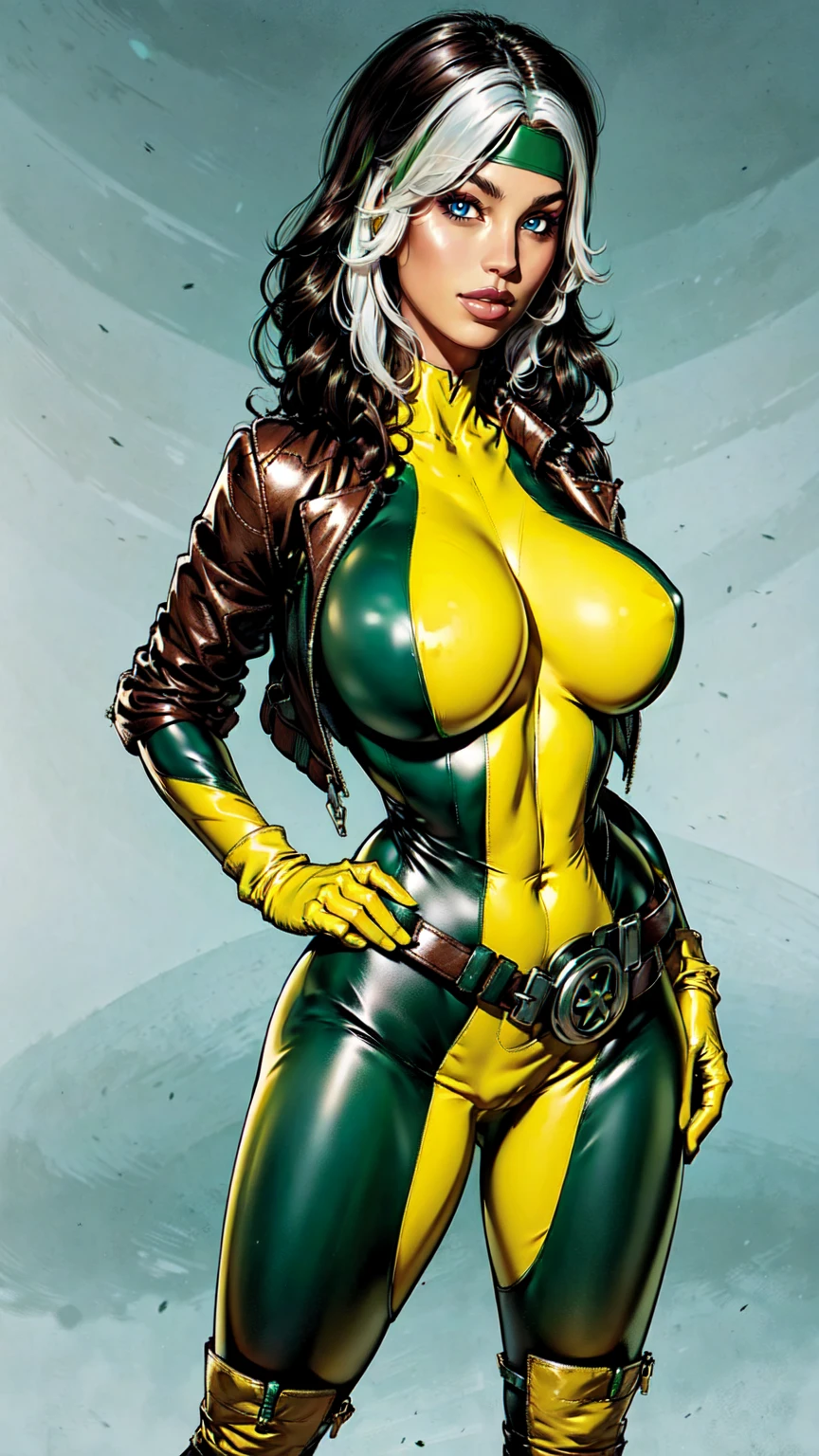 masterpiece,best quality,extreme detail,8k,white background,rogue2,1girl,solo,long hair,big breasts,simple background,brown hair,gloves,white background,medium breasts,green eyes,jacket,white hair,multicolored hair,boots,parted lips,open clothes,belt,artist name,signature,two-tone hair,open jacket,lips,looking to the side,fur trim,bodysuit,makeup,headband,turtleneck,watermark,wavy hair,knee boots,light smile,lipstick,clenched hand,multicolored clothes,buckle,clenched hands,cropped jacket,high collar,brown jacket,belt buckle,leather,animification,superhero,yellow footwear,yellow gloves,leather jacket,bomber jacket,dyed bangs,multicolored bodysuit,green bodysuit,yellow bodysuit,standing in the Park