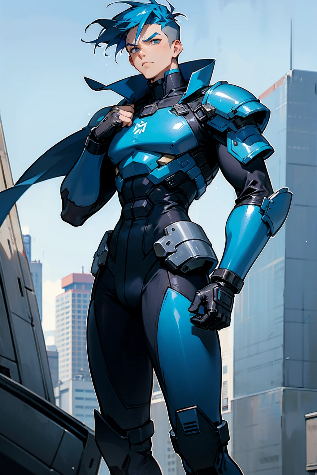 1male , Blue Hair , Undercut Hair , Unique Hair , Serious Expression , Black Bodysuit , Military Armored Combat Clothing , Standing in Modern City Background