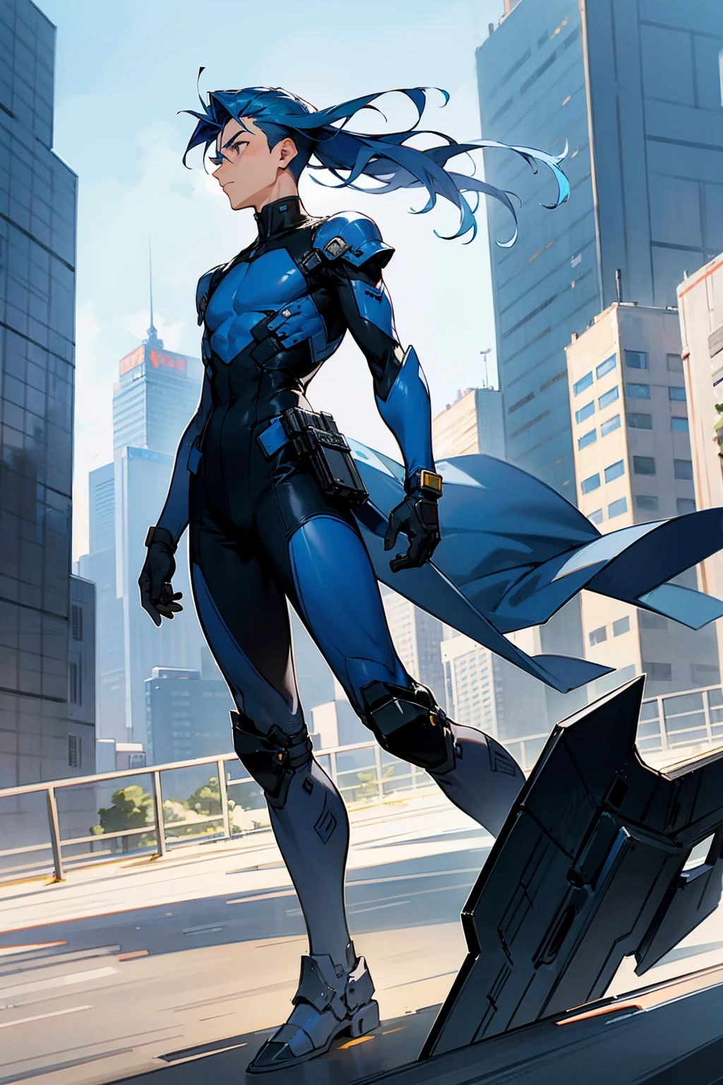 1male , Blue Hair , Undercut Hair , Unique Hair , Serious Expression , Black Bodysuit , Military Armored Combat Clothing , Standing in Modern City Background 
