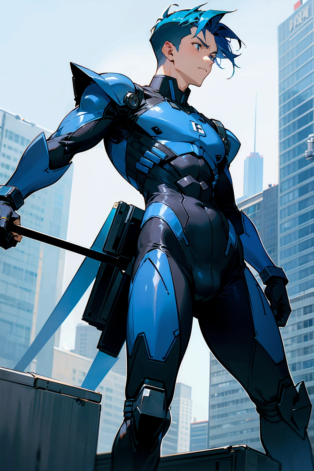 1male , Blue Hair , Undercut Hair , Unique Hair , Serious Expression , Black Bodysuit , Military Armored Combat Clothing , Standing in Modern City Background 