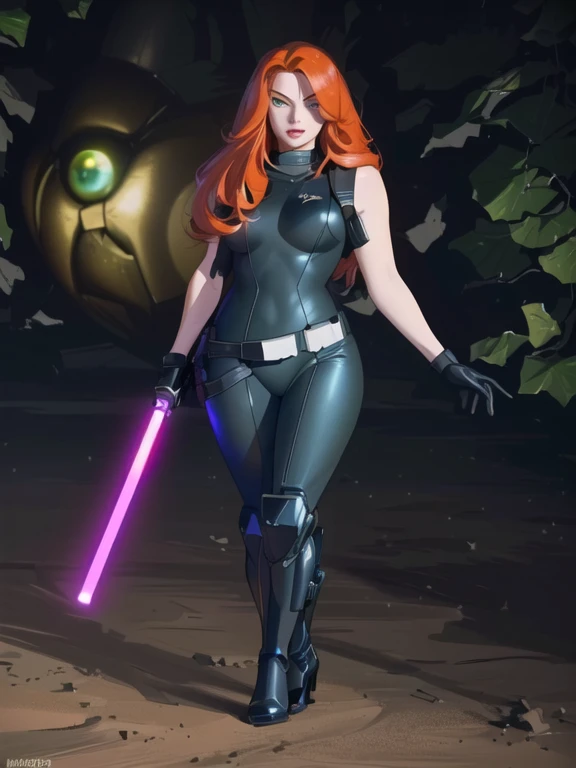 (4K quality),masterpiece, best quality, (Detailed face:1.2), (Detailed eyes:1.2), (Hourglass figure:1.2), CARTOON, ANIME, CARTOON ARTSTYLE, vintage science fiction, Star Wars based environment, extremely detailed face, long eyelashes, a upper body shot of a woman (Mara Jade), long orange hair, bright green eyes, light-skinned with freckles, red lipstick, attractive body, a determined look, smirking and stoic gaze. ((Wearing: a black leather suit, the suit is shiny and glossy, the suit is so tight that it perfectly highlights the shape of Mara Jades figure. black gloves, gun holster, leather straps, and high-heel boots)) Her gaze is both alluring and fierce, as she holds the purple lightsaber with a delicate yet deadly grip. Upper body shot. 
