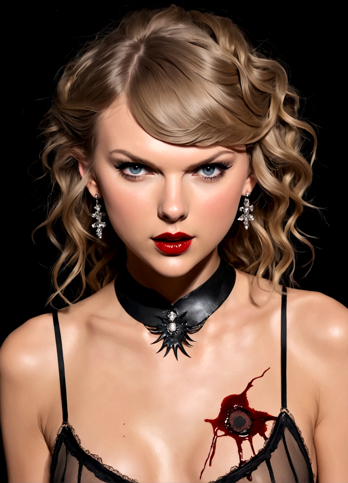 Taylor Swift (age 25) is playing a psycho mistress (crazy makeup, crazy hair, sheer tattered lingerie, jagged tools), somewhere between seduction and crying, blood spattered bedroom