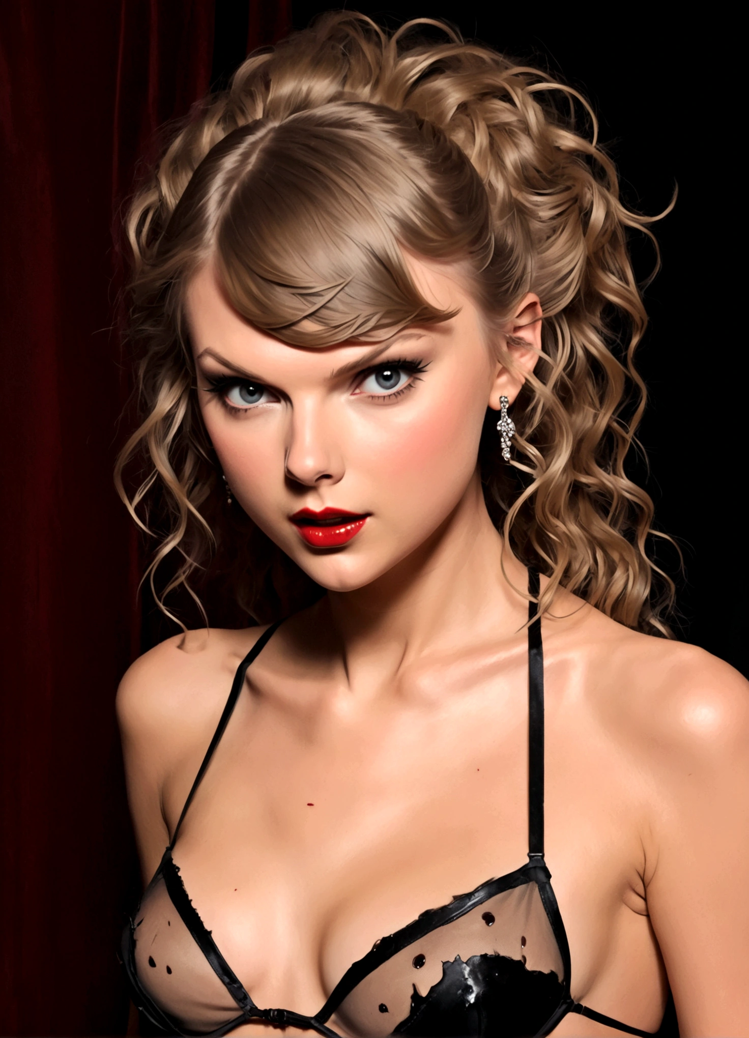 Taylor Swift (age 25) is playing a psycho mistress (crazy makeup, crazy hair, sheer tattered lingerie, jagged tools), somewhere between seduction and crying, blood spattered bedroom
