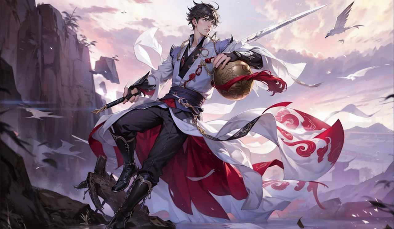 um close up de uma pessoa segurando uma espada e um porongo, por Yang J, Heise Jinyao, keqing do impacto genshin, zhongli do impacto genshin, cai xukun, arte oficial, mobile wallpaper, handsome guy in demon slayer art, inspired por Yang Jin, Qi Yang, inspirado em Huang Shen, olchas logan cura liang xing, linhas e sombras bem definidas e expressivas.