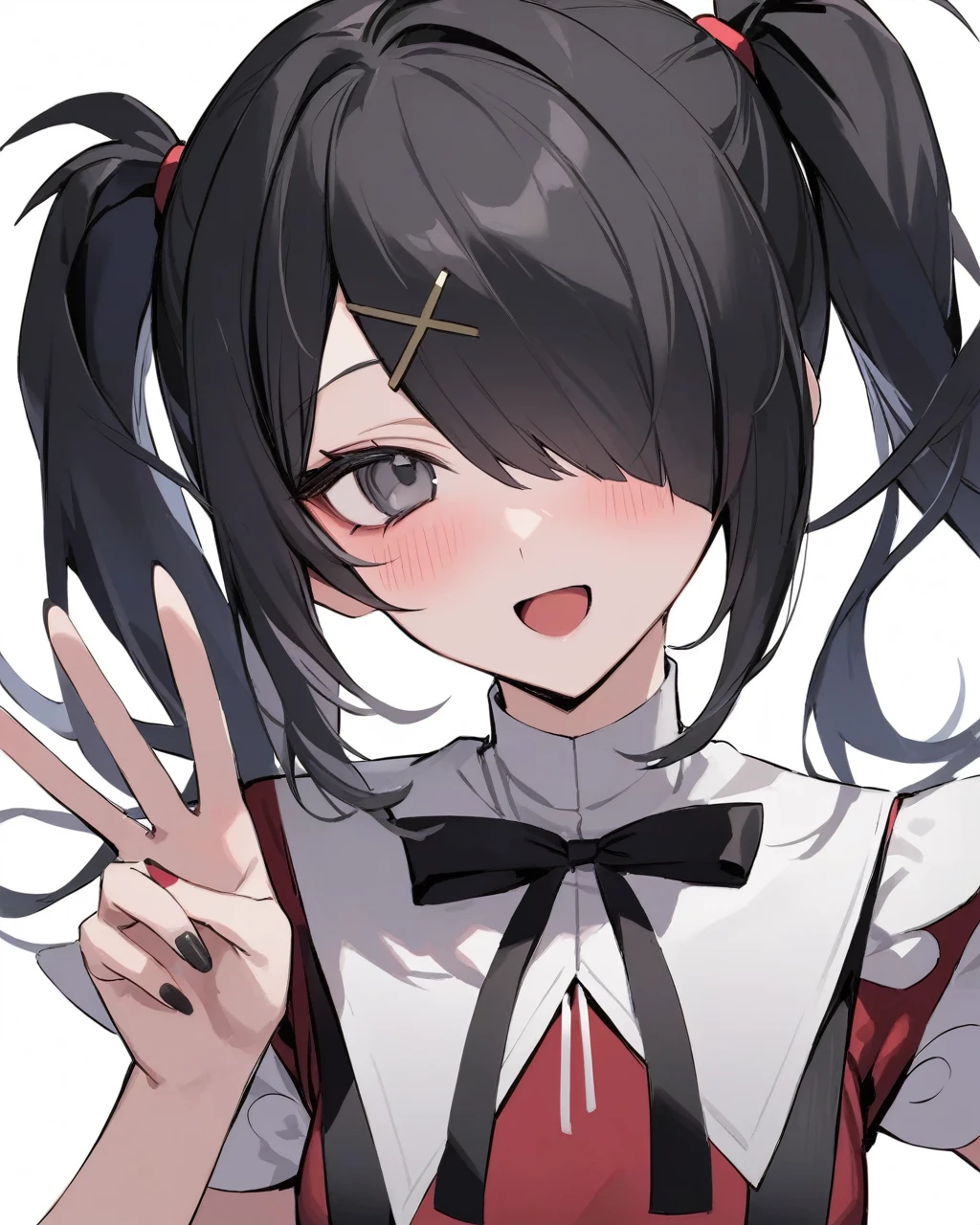 masterpiece,best quality,ame-chan \(needy girl overdose\),1girl,solo,black hair,twintails,v,hair over one eye,black ribbon,white background,open mouth,simple background,upper body,x hair ornament,black nails,neck ribbon,looking at viewer,blush,nail polish,suspenders,grey eyes,bangs,:d,hairclip,red sh,