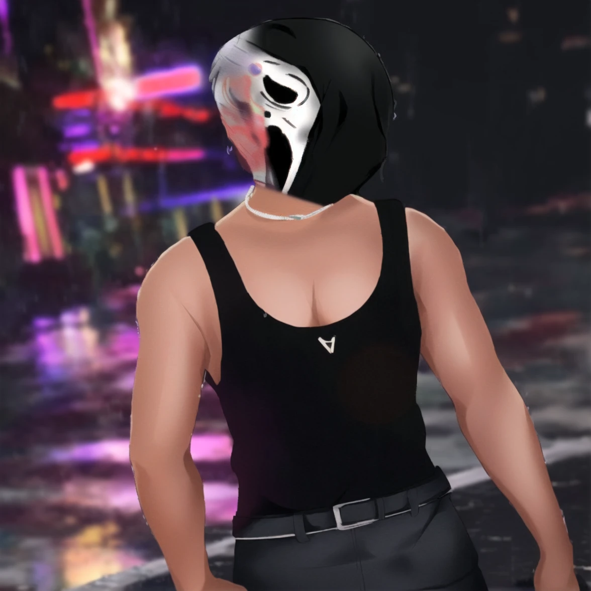 Takagi1, 1girl, solo, Quality: high quality, (((high resolution))), (((vibrant colors))), realistic
Behavior: serious expression, standing still, (((looking at viewer)))
Clothing: (((black hood))), (((black pants))), ((black shoes)), hoodie
Location: outdoors, (((rainy weather,))) (((wet asphalt))), (((reflections of water,))) nearby traffic light
Situation: standing, (((hands on pockets))) (((hood on))), (((heavy rain)))
Camera: (((high angle shot))), ((from above))
Lighting: (((illuminated by the colors of a nearby traffic light))), (((dim lighting due to heavy rain)))