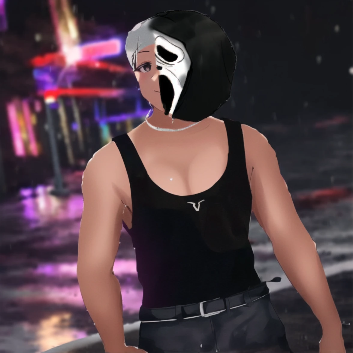 Takagi1, 1girl, solo, Quality: high quality, (((high resolution))), (((vibrant colors))), realistic
Behavior: serious expression, standing still, (((looking at viewer)))
Clothing: (((black hood))), (((black pants))), ((black shoes)), hoodie
Location: outdoors, (((rainy weather,))) (((wet asphalt))), (((reflections of water,))) nearby traffic light
Situation: standing, (((hands on pockets))) (((hood on))), (((heavy rain)))
Camera: (((high angle shot))), ((from above))
Lighting: (((illuminated by the colors of a nearby traffic light))), (((dim lighting due to heavy rain)))