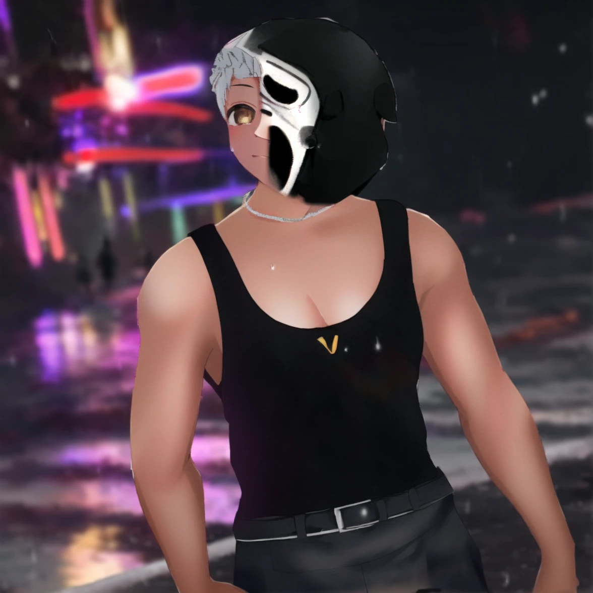 Takagi1, 1girl, solo, Quality: high quality, (((high resolution))), (((vibrant colors))), realistic
Behavior: serious expression, standing still, (((looking at viewer)))
Clothing: (((black hood))), (((black pants))), ((black shoes)), hoodie
Location: outdoors, (((rainy weather,))) (((wet asphalt))), (((reflections of water,))) nearby traffic light
Situation: standing, (((hands on pockets))) (((hood on))), (((heavy rain)))
Camera: (((high angle shot))), ((from above))
Lighting: (((illuminated by the colors of a nearby traffic light))), (((dim lighting due to heavy rain)))