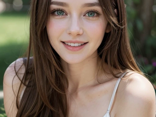 White woman, 35 years old, Brown hair, long hair, Nice hair, Green eyes, Nice face, Nice body, shy, laughing, white snickers