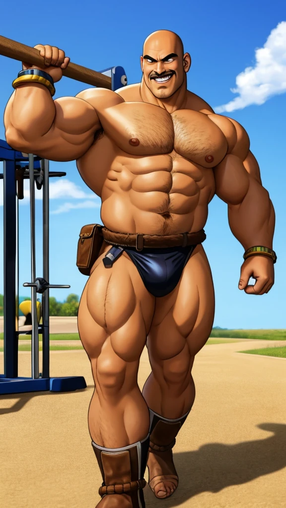 nappa, male focus, solo,cowboy shot, 1boy, bald, nipples, muscular male, smile, abs, grin,black vambraces, veins, pectorals, thighs, black eyes, topless male, mustache, micro armor , tail around waist,sky, gym , fitness, (best quality, masterpiece) , , Massive bulge , full body