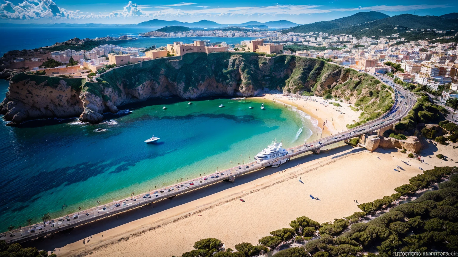 (ultra-high definition, hyper-realistic, highly detailed, high quality, sharp focus, professional lighting, vivid colors, intricate details), (Castell de Eivissa beach in Ibiza, Spain, background with water, yachts, boats, detailed architecture, people, vibrant atmosphere), (best quality,4k,8k,16k,Highest,masterpiece:1.2),(realistic,photorealistic,photo-realistic:1.37), (extremely detailed CG unit, 16k wallpaper), 16k UHD, 16k HDR, Fujifilm XT3 sharp focus, professional lighting, vivid colors, intricate details, film grain, Fujifilm XT3 realistic painting art, f5.6, physically-based rendering, natural lighting, cinematic lighting ,dramatic lighting, professional, dynamic movement, colorful lighting, vibrant colors, studio lighting, professional photography, cinematic composition, symmetrical framing, landscape,