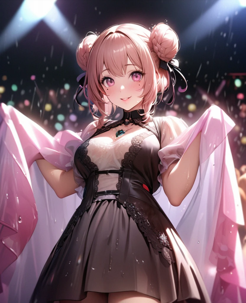 One Girl、Looking at the audience、lovely,
Beautiful pink eyes、Two brown double hair buns , Mole under the eye、Plump and glossy lips、Heart-shaped choca、Idol、Her name is May,smile、ー、。.。.。.。.。.。.。.。.。.。.。.。.。.。.。.。.。.。.3D、Realistic、
The idol's costume was soaked in the heavy rain, and her chest was wet and transparent.Heavy rain at outdoor concert, Drape clothes、gem、The decoration has been removed、Floral、Lace trim,On a glittering stage、
masterpiece、highest quality、8k、Detailed skin texture、Detailed cloth texture、Beautifully detailed face、Intricate details、Very detailed、
超A high resolution、8k Ultra HD、Film Grain、Best Shadow、delicate、Gazing at the audience、front