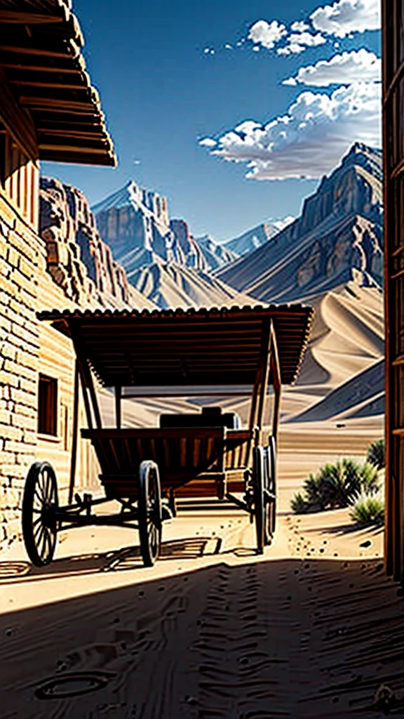 A Sumerian ox cart made of wood, with two solid wooden wheels connected by a central axle. The wheels are circular, with a smooth surface and signs of use. The car is simple and rustic, with interlocking wooden sides. Two strong and robust oxen are harnessed to the cart, puxando-o. The setting is a dirt path in a desert environment, with sparse vegetation and mountains in the background. The sky is clear and sunny, iluminando a cena com uma luz suave.