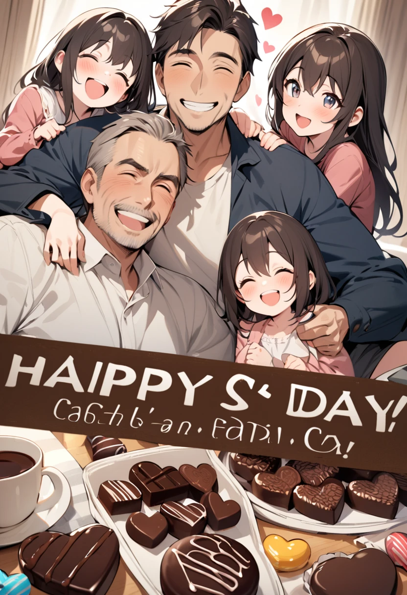 Father's Day, masterpiece, family collage, (1 father, 2 daughters), father's Day, happy, Smile, chocolate, candy, Heart