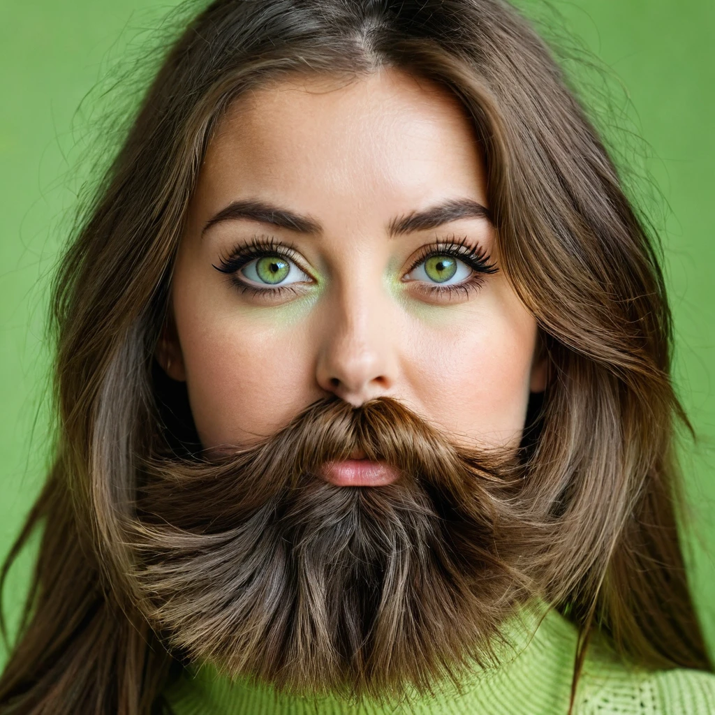 ultra sharp portrait, woman with huge shaggy beard on the cheeks under the eyes, tied brown hair, light green eyes, big nose