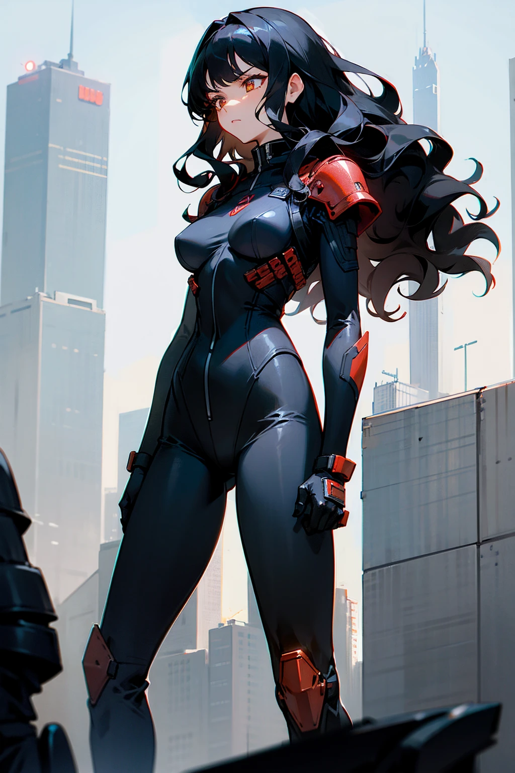 1female , Black Hair , Wavy Hair , Sanguine Eyes , Unique Hair , Serious Expression , Black Bodysuit , Military Armored Combat Clothing , Standing in Modern City Background