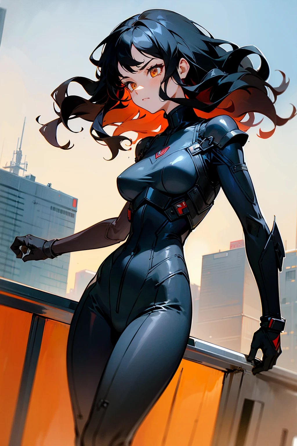 1female , Black Hair , Wavy Hair , Sanguine Eyes , Unique Hair , Serious Expression , Black Bodysuit , Military Armored Combat Clothing , Standing in Modern City Background