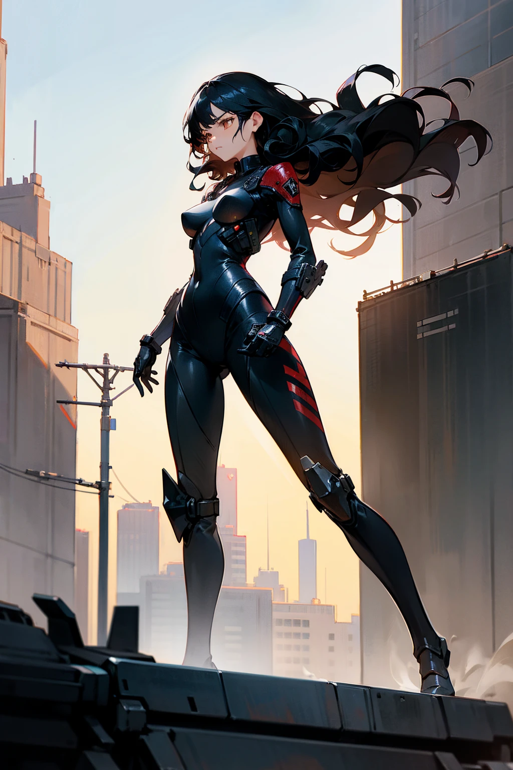 1female , Black Hair , Wavy Hair , Sanguine Eyes , Unique Hair , Serious Expression , Black Bodysuit , Military Armored Combat Clothing , Standing in Modern City Background