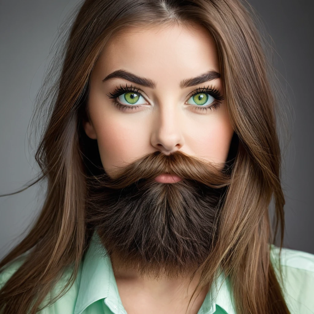 ultra sharp portrait, woman with huge shaggy beard on the cheeks under the eyes, tied brown hair, light green eyes, big nose