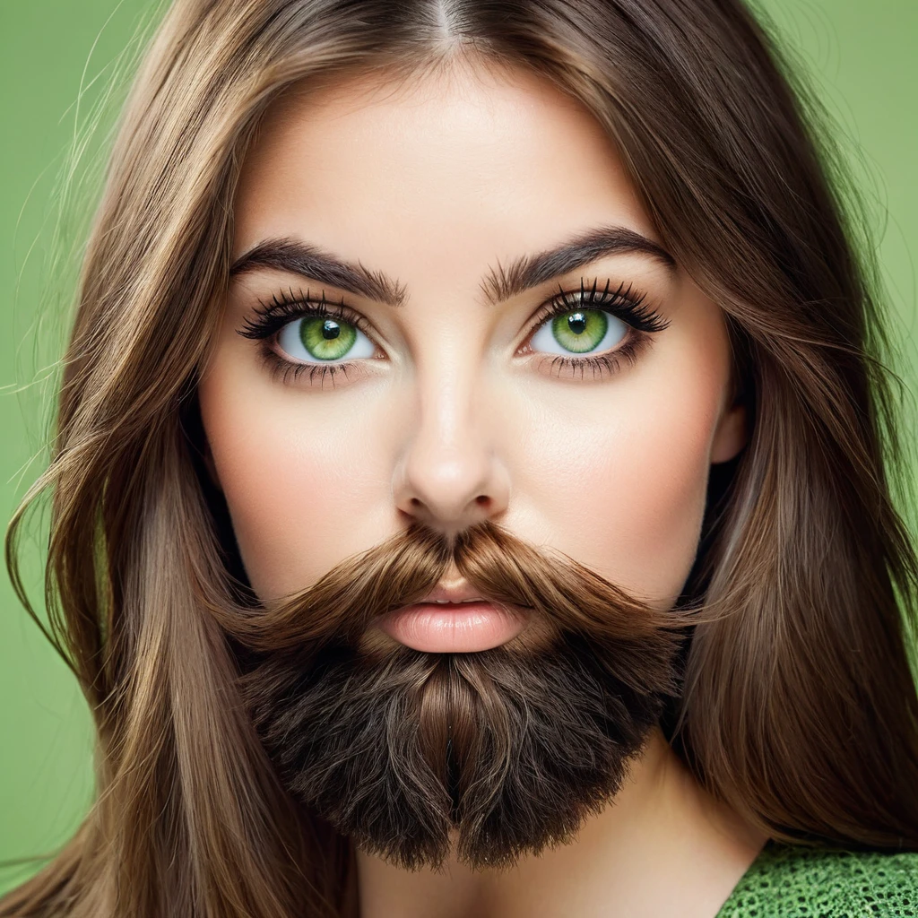 ultra sharp portrait, woman with huge shaggy beard on the cheeks under the eyes, tied brown hair, light green eyes, big nose
