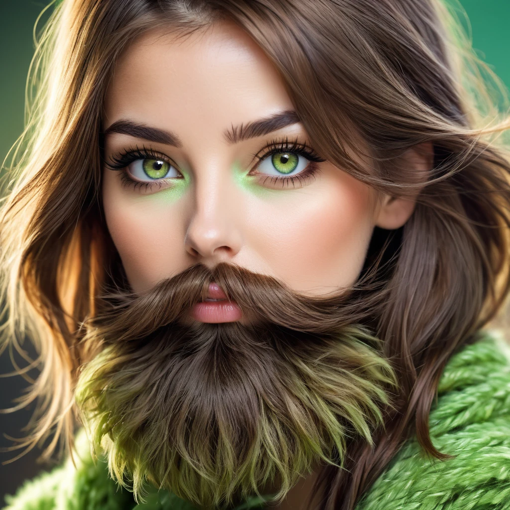ultra sharp portrait, woman with huge shaggy beard on the cheeks under the eyes, tied brown hair, light green eyes, big nose
