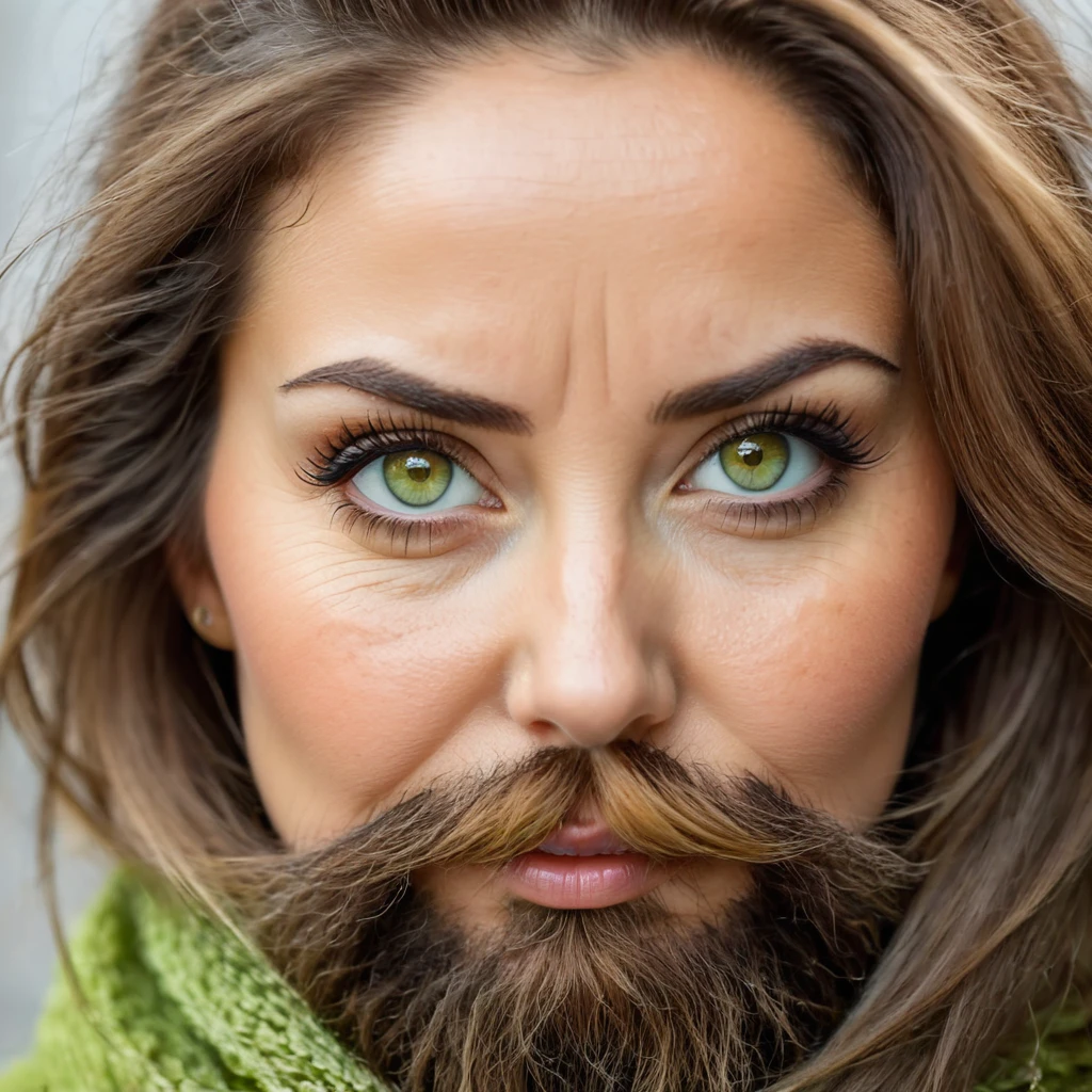 ultra sharp portrait, woman with huge shaggy beard on the cheeks under the eyes, tied brown hair, light green eyes, big nose