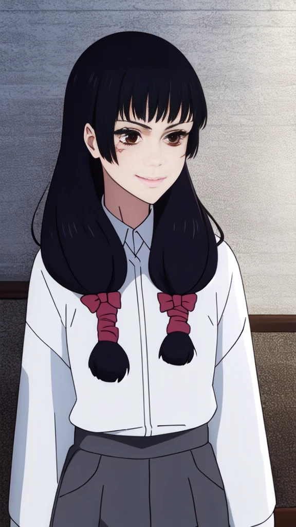 1girl, solo, long hair, solo, black hair, bow, hair bow, brown eyes, closed mouth, scar on face, bangs, ribbon, standing, hair ribbon, ponytail, white bow, scar on nose, half updo, blue shirt, grey pants, pov, smile, happy,
masterpiece, best quality,