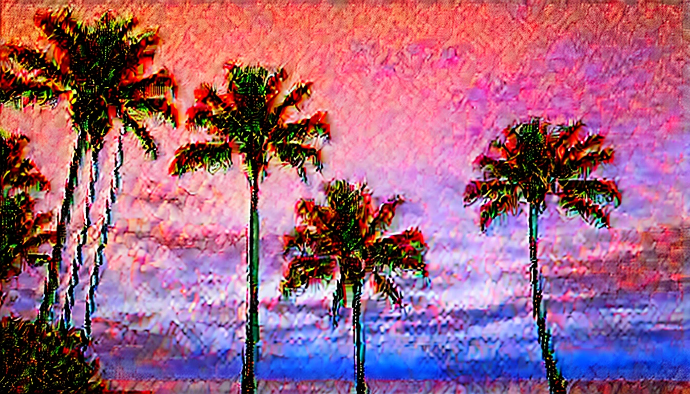 serene coastal scene at sunset from a low-angle perspective, looking up at tall, slender palm trees swaying gently in the breeze. The sky is painted in soft hues of pink, purple, and orange, reflecting the calmness of the approaching evening. A few wispy clouds add texture to the sky, while the ocean in the background captures the last glimmers of sunlight. The overall mood should evoke a sense of tranquility and the beauty of a tropical sunset.