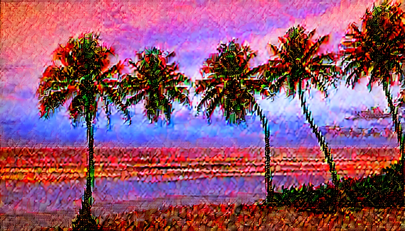 serene coastal scene at sunset from a low-angle perspective, looking up at tall, slender palm trees swaying gently in the breeze. The sky is painted in soft hues of pink, purple, and orange, reflecting the calmness of the approaching evening. A few wispy clouds add texture to the sky, while the ocean in the background captures the last glimmers of sunlight. The overall mood should evoke a sense of tranquility and the beauty of a tropical sunset.