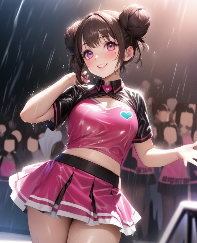 One Girl、Looking at the audience、lovely,
Beautiful pink eyes、Two brown double hair buns , Mole under the eye、Plump and glossy lips、Heart-shaped choca、Dance team uniformini skirt, Her name is May,smile、ー、。.。.。.。.。.。.。.。.。.。.。.。.。.。.。.。.。.。.3D、Realistic、
Dance team uniforms was soaked in the heavy rain, and her chest was wet and transparent.Heavy rain at outdoor concert, Drape clothes、gem、The decoration has been removed、Floral、Lace trim,On a glittering stage、
masterpiece、highest quality、8k、Detailed skin texture、Detailed cloth texture、Beautifully detailed face、Intricate details、Very detailed、
超A high resolution、8k Ultra HD、Film Grain、Best Shadow、delicate、Gazing at the audience、front