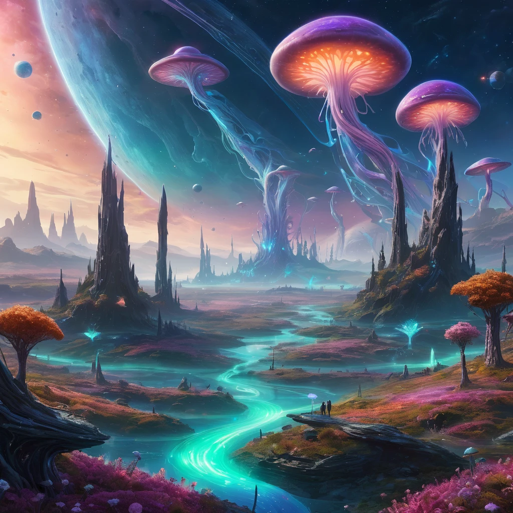 Create an incredibly mesmerizing and fantastical image depicting an "Alien Planet." Imagine a vast, otherworldly landscape that is both awe-inspiring and surreal. In the foreground, unique and vividly colored alien flora dominate the scene—giant, bioluminescent mushrooms, twisted trees with glowing leaves, and exotic flowers with iridescent petals.
The terrain is varied, featuring crystalline structures jutting out from the ground, rivers of liquid light flowing through the landscape, and floating islands hovering in the air, connected by beams of energy. The sky is a kaleidoscope of colors, with multiple moons and distant planets visible against a backdrop of swirling nebulae and countless stars.
In the background, an alien city rises, its architecture a blend of organic and technological elements, with towering spires, floating platforms, and luminescent pathways. Strange, ethereal creatures soar through the air, and the entire scene is bathed in a soft, otherworldly glow.
The overall color palette should be rich and diverse, with neon hues and contrasting shades to create a sense of wonder and alien beauty. The image should evoke a sense of exploration and discovery, capturing the breathtaking and mysterious essence of an alien planet.