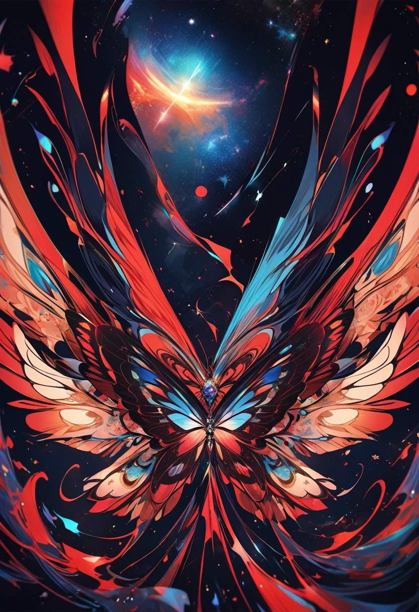 A detailed butterfly , with ((calligraphic design elongated wings)) having an artsy ((coloration splash)) of red and black with a background of cosmic view