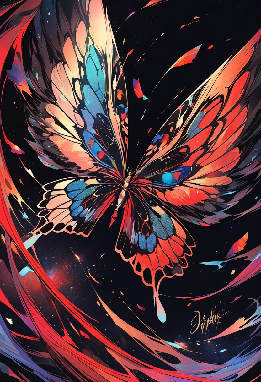 A detailed butterfly , with ((calligraphic design elongated wings)) having an artsy ((coloration splash)) of red and black with a background of cosmic view