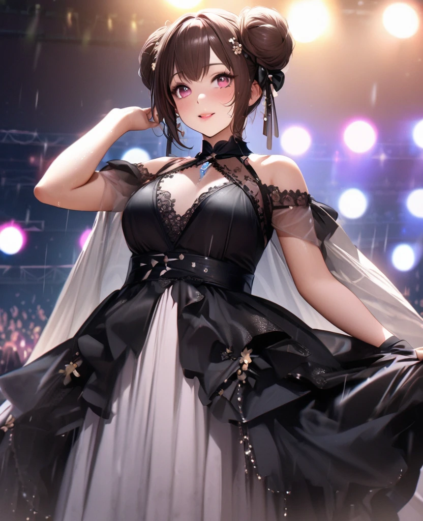 One Girl、Looking at the audience、lovely,
Beautiful pink eyes、Two brown double hair buns , Mole under the eye、Plump and glossy lips、Heart-shaped choca、Idol、Her name is May,smile、ー、。.。.。.。.。.。.。.。.。.。.。.。.。.。.。.。.。.。.3D、Realistic、
The idol's costume was soaked in the heavy rain, and her chest was wet and transparent.Heavy rain at outdoor concert, Drape clothes、gem、The decoration has been removed、Floral、Lace trim,On a glittering stage、
masterpiece、highest quality、8k、Detailed skin texture、Detailed cloth texture、Beautifully detailed face、Intricate details、Very detailed、
超A high resolution、8k Ultra HD、Film Grain、Best Shadow、delicate、Gazing at the audience、front