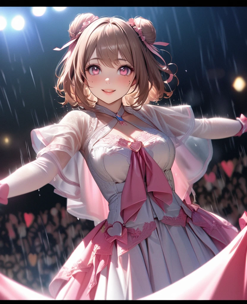 One Girl、Looking at the audience、lovely,
Beautiful pink eyes、Two brown double hair buns , Mole under the eye、Plump and glossy lips、Heart-shaped choca、Idol、Her name is May,smile、ー、。.。.。.。.。.。.。.。.。.。.。.。.。.。.。.。.。.。.3D、Realistic、
The idol's costume was soaked in the heavy rain, and her chest was wet and transparent.Heavy rain at outdoor concert, Drape clothes、gem、The decoration has been removed、Floral、Lace trim,On a glittering stage、
masterpiece、highest quality、8k、Detailed skin texture、Detailed cloth texture、Beautifully detailed face、Intricate details、Very detailed、
超A high resolution、8k Ultra HD、Film Grain、Best Shadow、delicate、Gazing at the audience、front