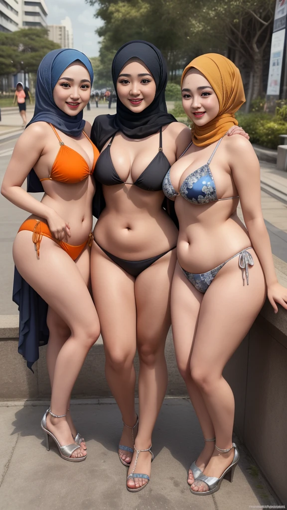 3beautiful women smile,  hijab,eropan,jepang,body curve,thick body,sap body,bbw body,sexy model,pakai bikini merah,ungu,kuning,orange,putih ,silver,biru,sedang di kolam 